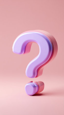 A 3D rendered question mark in pink and purple colors on a pink background. The image is a studio shot.の素材