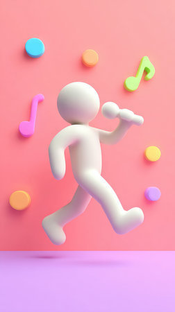 A 3D rendered figure singing with musical notes floating around on a pink background.の素材