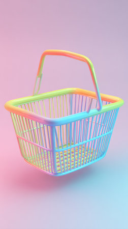 A colorful shopping basket with a rainbow gradient on a pink and blue background.の素材