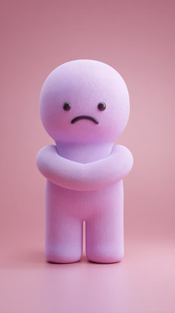 A sad figure is embracing itself in a pink environment, conveying feelings of loneliness and self-comfort.の素材
