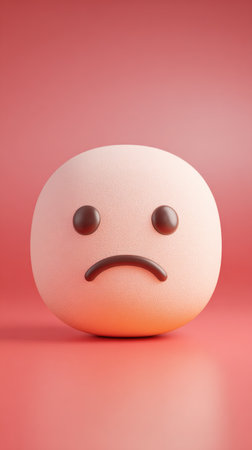 A sad emoji with a downturned mouth and dark eyes on a pink background, conveying sadness.の素材