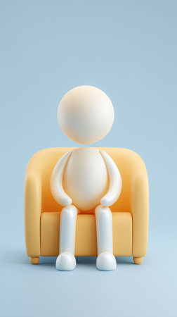 3d white man sitting on yellow armchair isolated on blue backgroundの素材