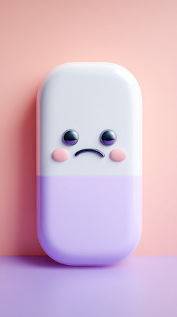 A cute illustration of a sad pill on a pink and purple background, perfect for healthcare or emotional well-being concepts.の素材