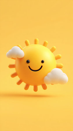 A vibrant illustration of a smiling sun with fluffy clouds, perfect for weather-related designs.の素材