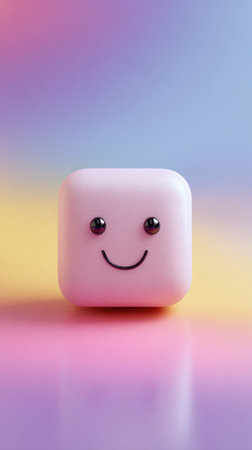 A cute pink cube with a smiling face against a vibrant, pastel-colored backdrop.の素材