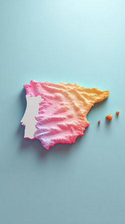 Artistic colorful painted Spain map design on a blue background. Creative and vibrant image.の素材