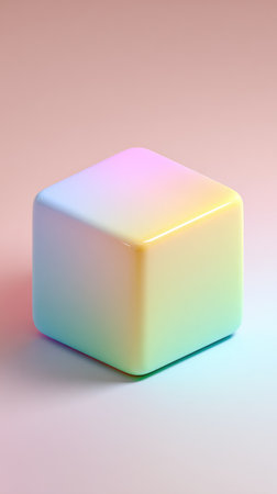 A close-up of a smooth, rounded cube in pastel colors, set against a soft pink backdrop.の素材