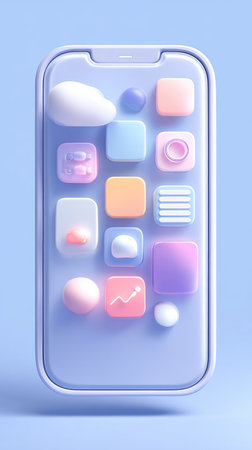 A modern smartphone with a minimalist design, featuring a variety of colorful app icons on its screen, set against a soft blue backdrop.の素材
