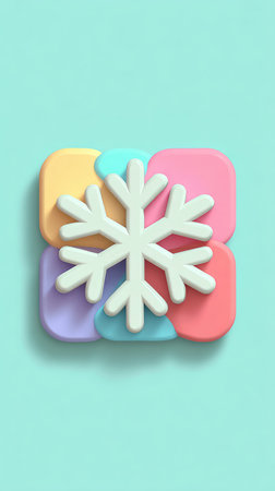 A white snowflake rests atop a vibrant arrangement of colorful blocks, creating a cheerful and eye-catching design.の素材