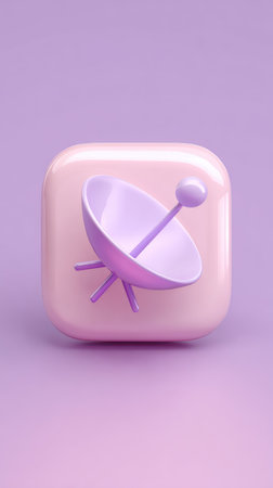 A 3D rendered satellite dish icon on a soft purple background, perfect for technology or communication themes.の素材