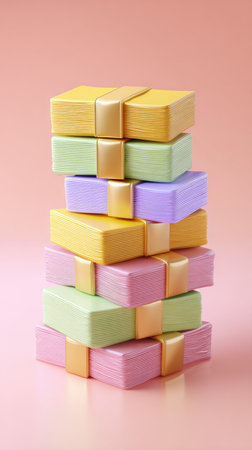 A vertical stack of colorful gift boxes, each tied with a ribbon, arranged against a soft pink background.の素材