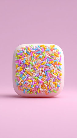 A close-up shot of a square-shaped dessert covered in colorful sprinkles, set against a soft pink background.の素材