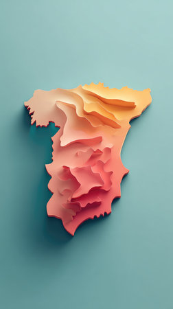 Artistic representation of Spains topography using layered paper with gradient colors and shadows.の素材
