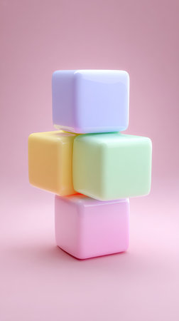 A visually appealing image featuring three stacked, pastel-colored cubes against a soft pink backdrop.の素材