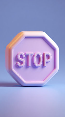 A close-up shot of a purple stop sign, emphasizing its shape and message.の素材