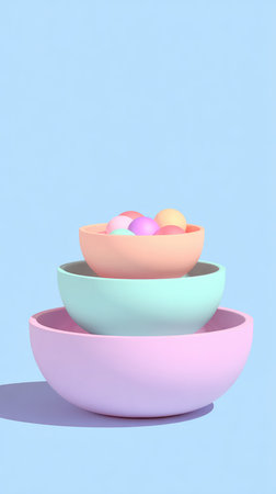 Three bowls stacked on top of each other, each a different pastel color, filled with colorful items.の素材