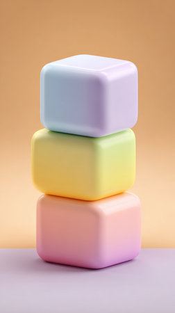 Three pastel-colored cubes are stacked, creating a visually appealing and minimalist design. The soft colors and rounded edges give a sense of calm.の素材