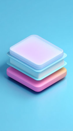 Three square objects in pastel colors stacked on a blue background, minimalist design.の素材