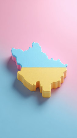 A vibrant image of the Ukrainian map, painted in the colors of the national flag, blue and yellow.の素材