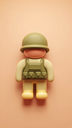 A toy soldier figure stands on a peach-colored background, ready for action.の素材