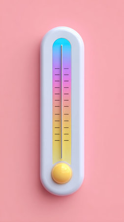 Thermometer showing temperature gradient against a pink background.の素材