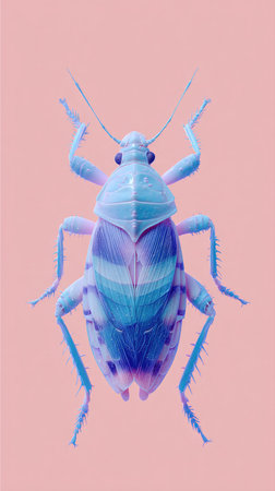 A striking macro photograph of a blue insect set against a soft pink backdrop, showcasing intricate details.の素材