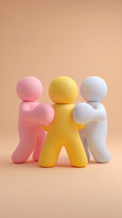 Three stylized human figures in pink, yellow, and blue, arranged in a group, on a plain background.の素材