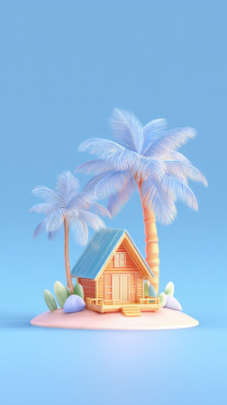 A vibrant illustration of a tropical island with a cozy wooden cabin, palm trees, and a serene blue sky.の素材