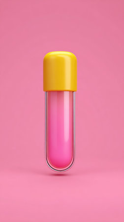 A close-up shot of a pink lip gloss tube with a yellow cap, set against a matching pink backdrop.の素材
