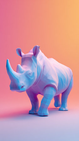 A striking studio shot of a rhino sculpture, bathed in colorful light, set against a gradient backdrop.の素材