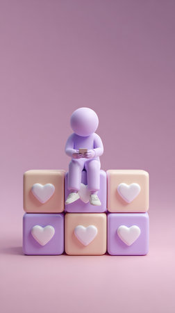 A serene image of a figure seated atop blocks adorned with hearts, evoking contemplation and peace.の素材