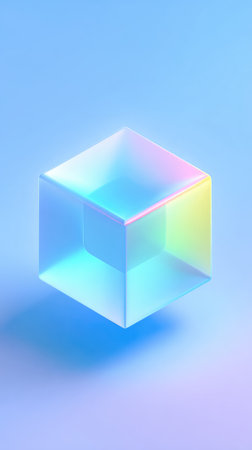 A clear cube with a rainbow-like effect, set against a soft blue backdrop.の素材