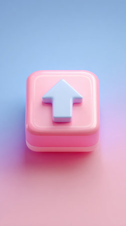 A pink button with a white upward arrow, simple and clean.の素材