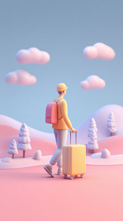 A person with a backpack and suitcase is walking on a pink road, with clouds and a blue sky in the background.の素材