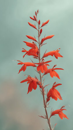 A striking image of a tall red flower spike, set against a muted green background, showcasing natural beauty.の素材