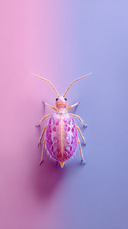 A close-up shot of a colorful insect with detailed features and a unique design, set against a gradient background.の素材