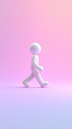 A minimalist white figure walking against a soft, colorful gradient background.の素材