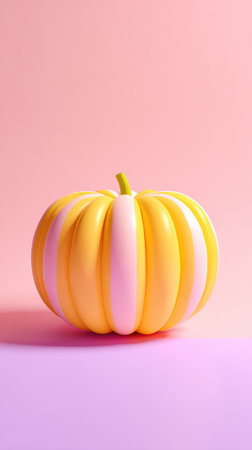 A close-up shot of a yellow pumpkin with pink stripes, set against a pink and purple backdrop, creating a visually appealing composition.の素材