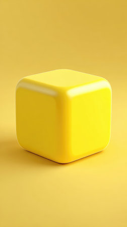 A vibrant yellow cube, perfectly centered against a matching yellow backdrop, creating a clean and minimalist composition.の素材