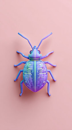 A colorful toy beetle against a soft pink backdrop, showcasing artistic design and vibrant hues.の素材