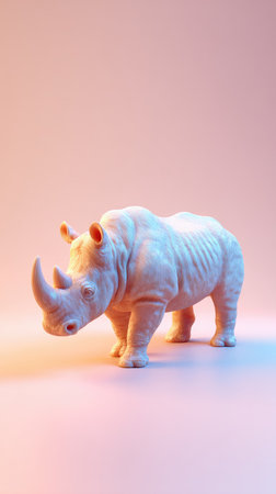 A white rhinoceros toy stands on a pink surface, lit with pink and blue light.の素材
