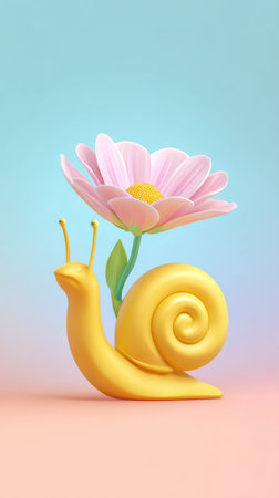A yellow snail with a pink flower on a pastel background, a whimsical and artistic illustration.の素材