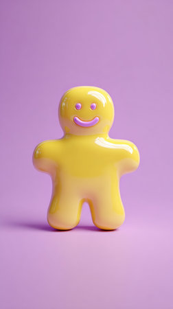A yellow gingerbread man figure stands against a purple background, creating a vibrant and playful image.の素材