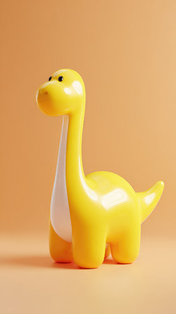 A vibrant yellow dinosaur toy stands out against an orange backdrop, creating a playful and eye-catching image.の素材