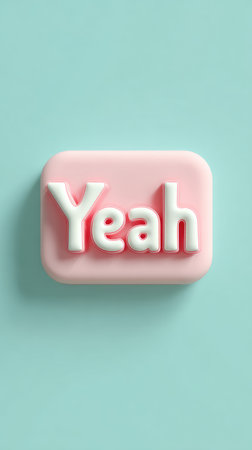 Yeah sign on pink block, simple and clear, light blue backgroundの素材