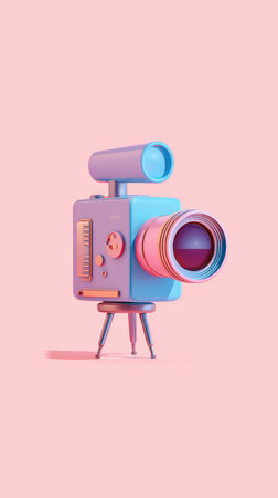 A stylized illustration of a vintage camera on a pink background, perfect for creative projects.の素材
