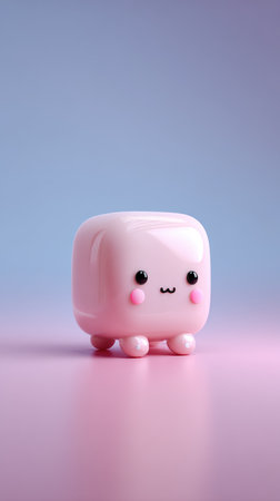 A charming, pink, cube-shaped creature with a sweet expression and small legs, set against a soft background.の素材