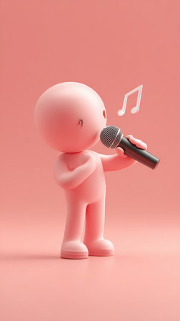 A pink figure is singing into a microphone with musical notes floating above.の素材