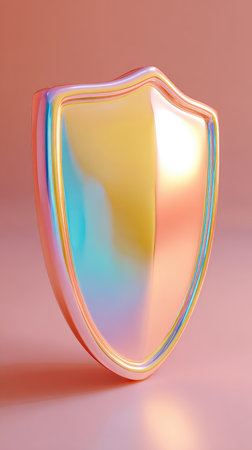 An iridescent shield, symbolizing protection, security, and defense. The image showcases a shiny, reflective surface.の素材
