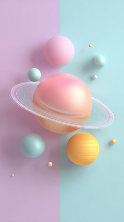 A visually appealing composition featuring a pastel-colored planet surrounded by floating spheres, creating a dreamy and artistic aesthetic.の素材